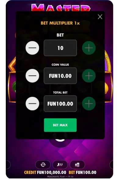 Master Joker bet menu coin value total bet settings